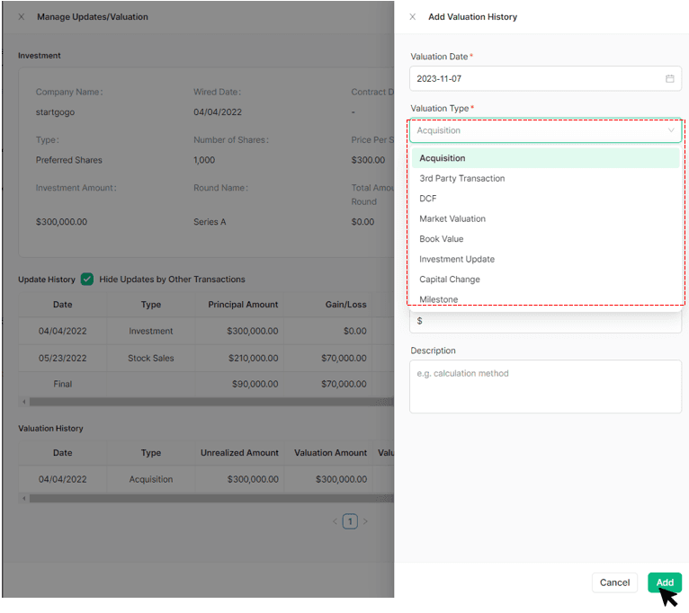 type of valuation, input all required information, and select [Add]