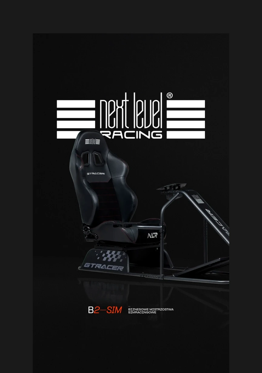 Next Level Racing simulator seat and rig with bold white logo on a black background, branded for B2-SIM.