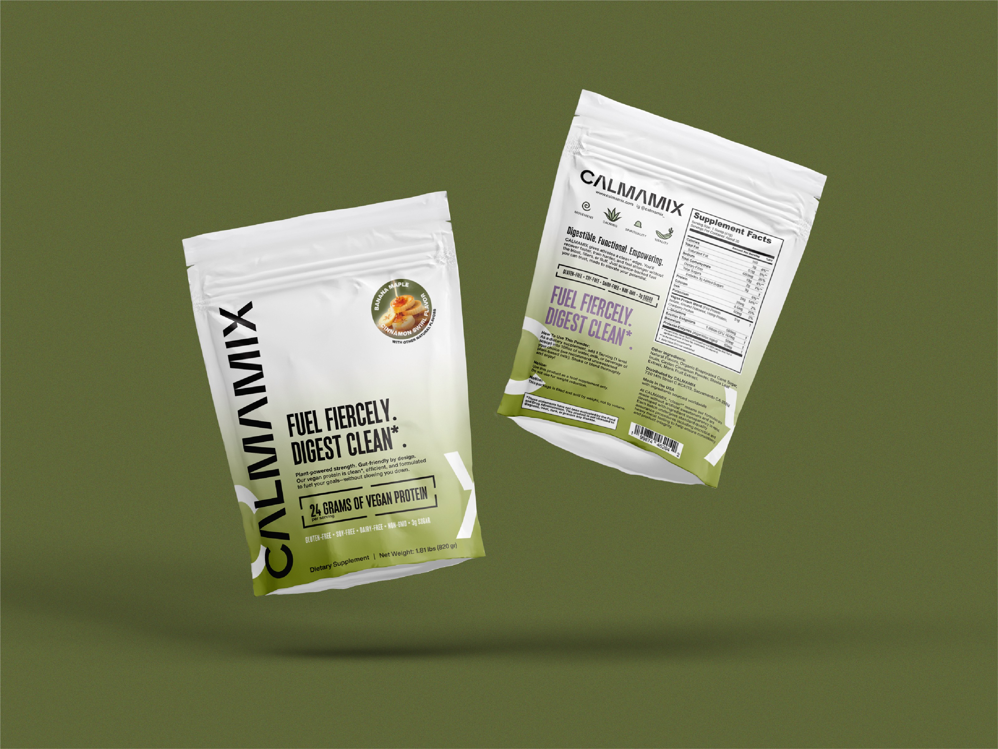 front and rear images of calmamix protein powder pouches