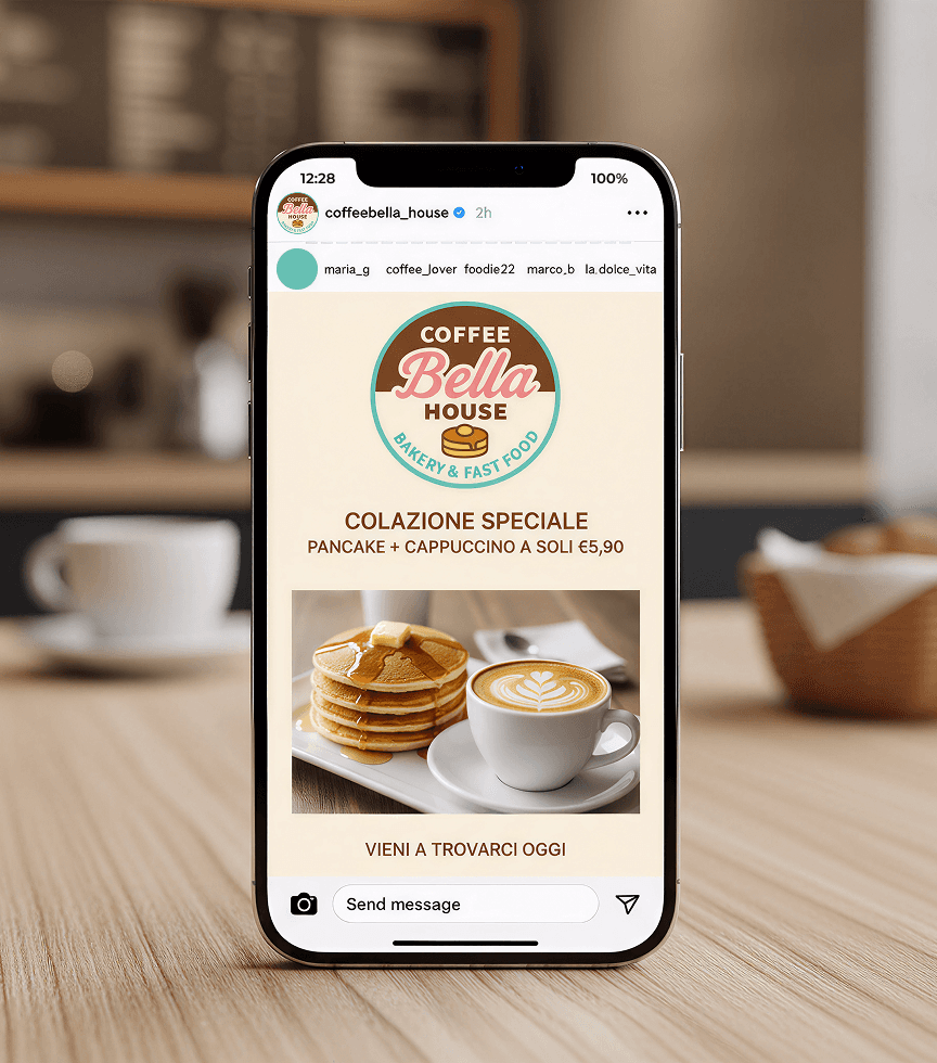 Coffe Bella House social media post mockup on smartphone screen