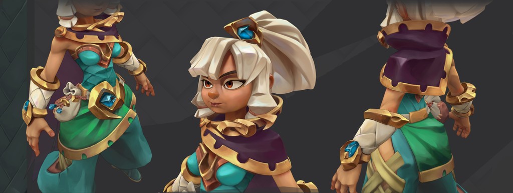 This image features a 3D-rendered character design showcasing a detailed, fantasy-themed female figure with white hair, wearing an elaborate outfit with teal, gold, and purple accents, adorned with gemstones, viewed from multiple angles.