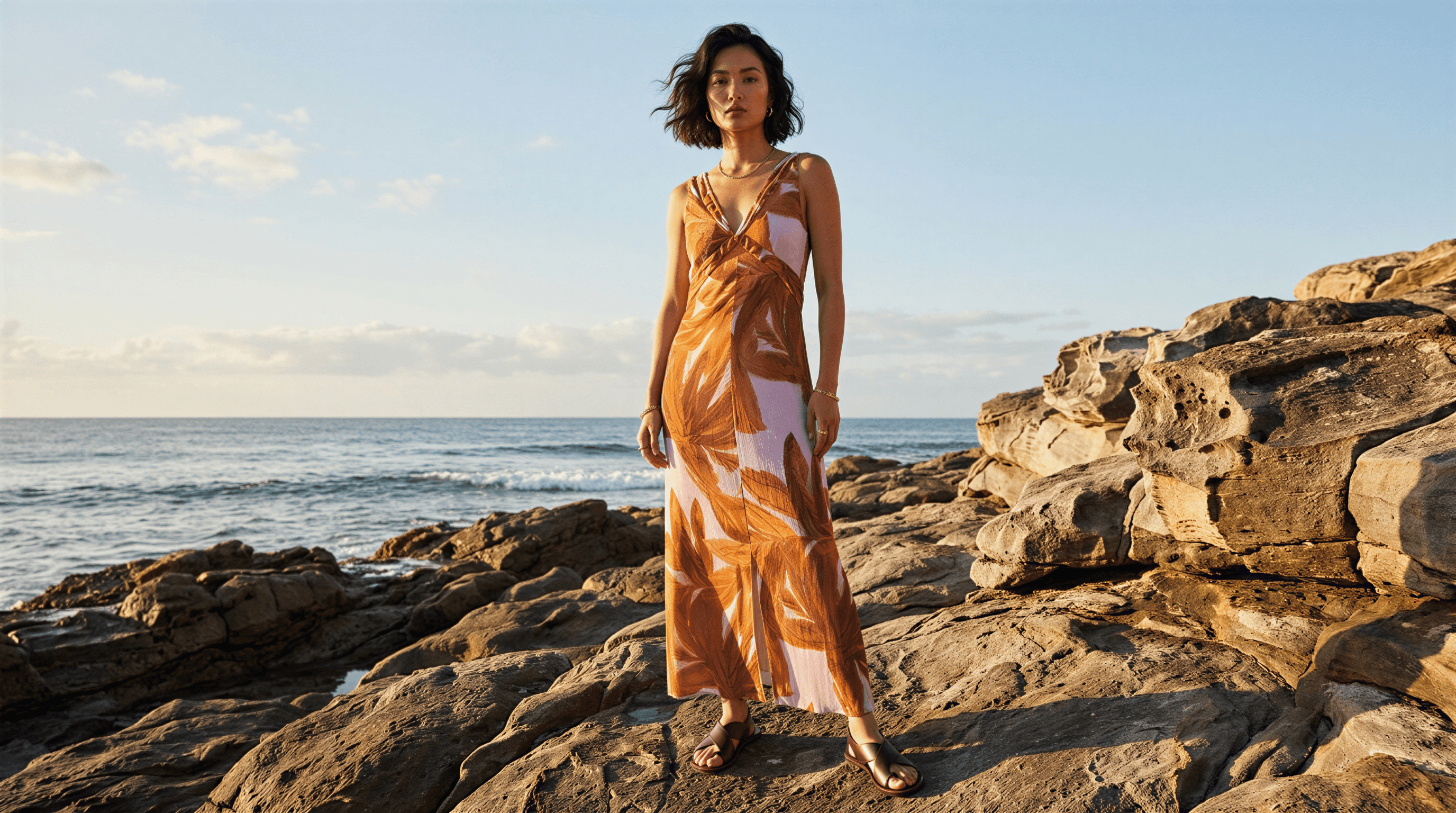 ai model photography, model standing on rocks by the sea