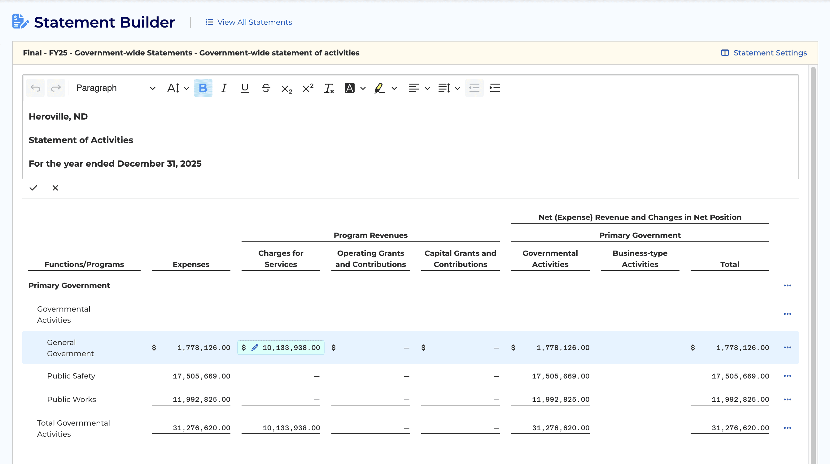 Screenshot of ClearGov digital financial reporting statement builder 