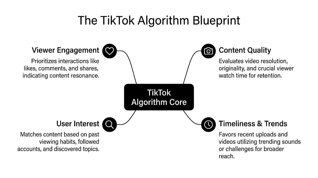 A diagram illustrating the four core components of the TikTok algorithm including engagement, quality, interest, and trends.