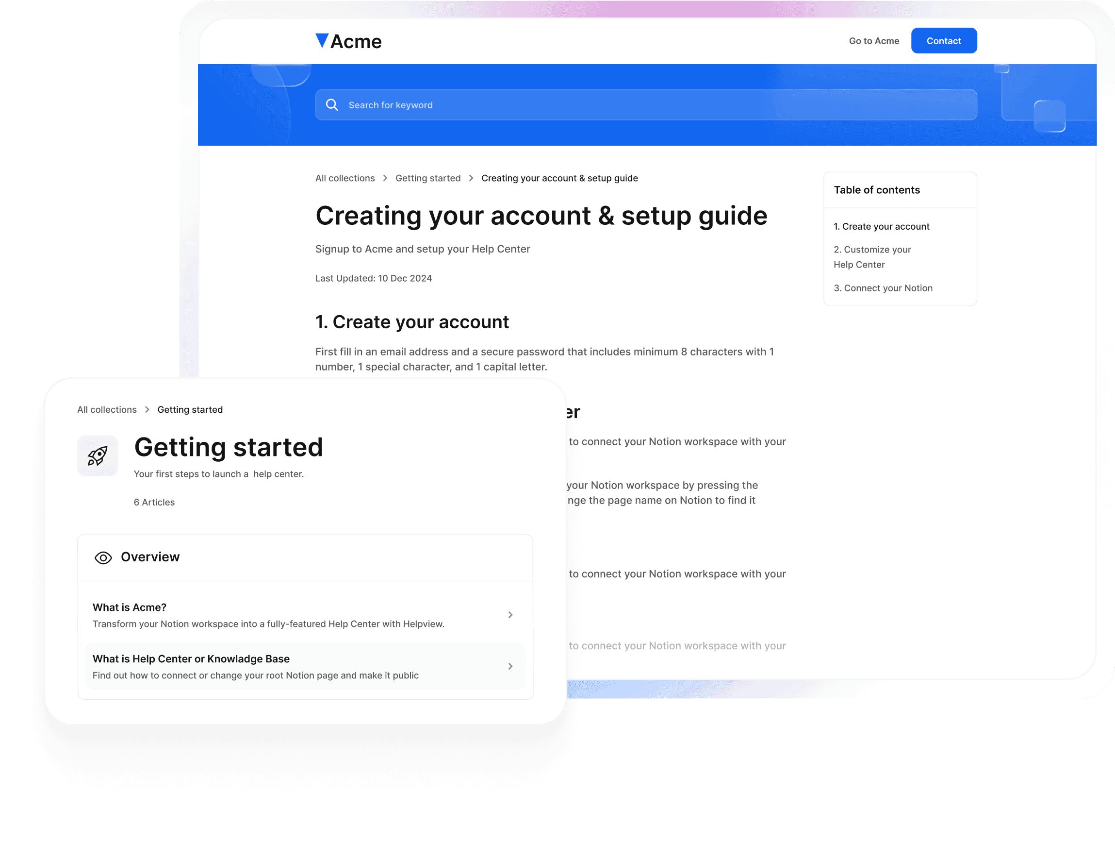 Helpview help center article page created from Notion, showing a setup guide with navigation and table of contents.