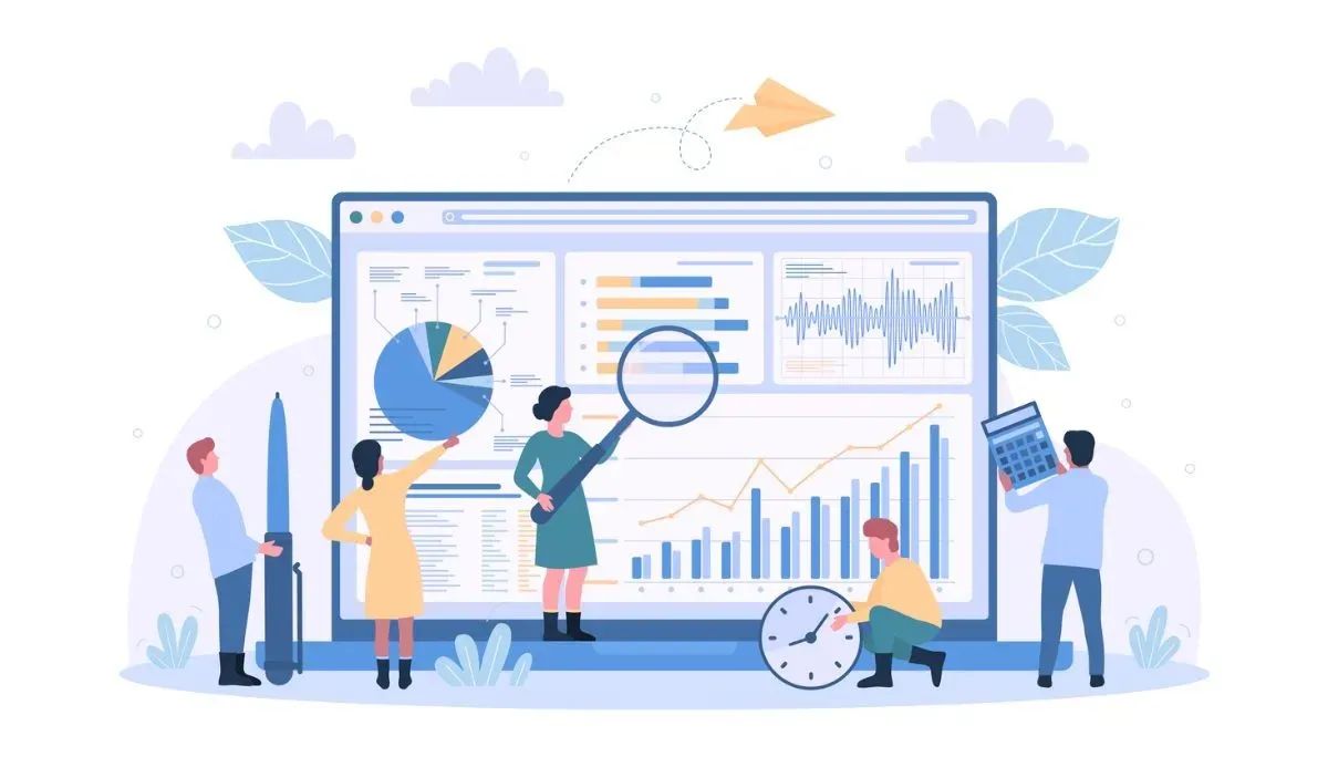 Illustration of five people gathered around a large screen filled with charts and graphs—one examining data with a magnifying glass, another pointing at a pie chart, another adjusting a clock, and another holding a calculator.