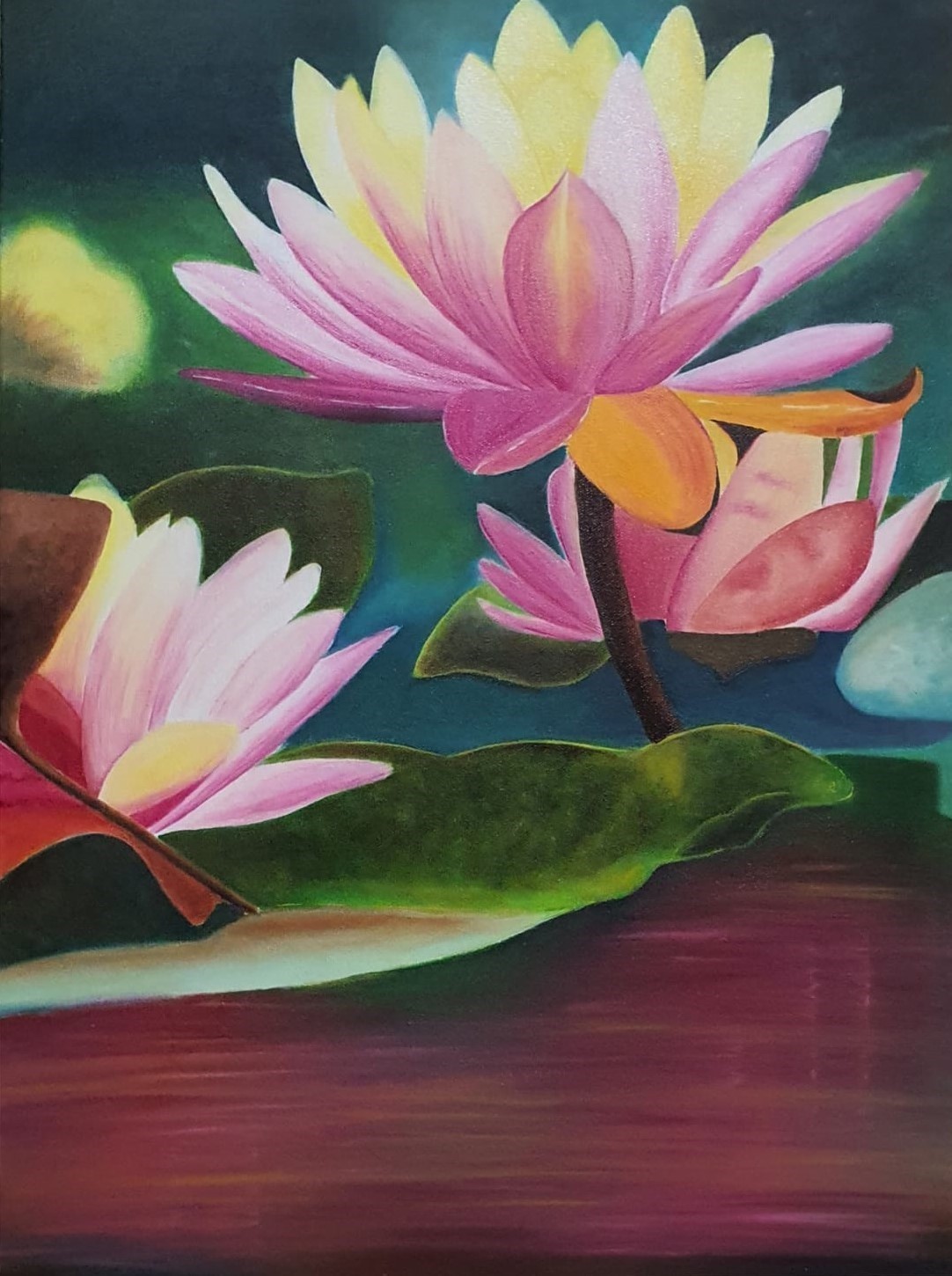 A painting of vibrant lotus flowers floating on calm water, showcasing their delicate petals and serene environment.
