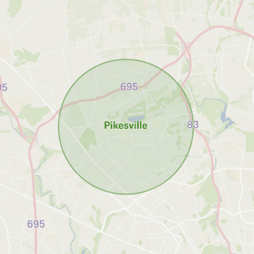 Map with circle over pikesville maryland remodeling service area