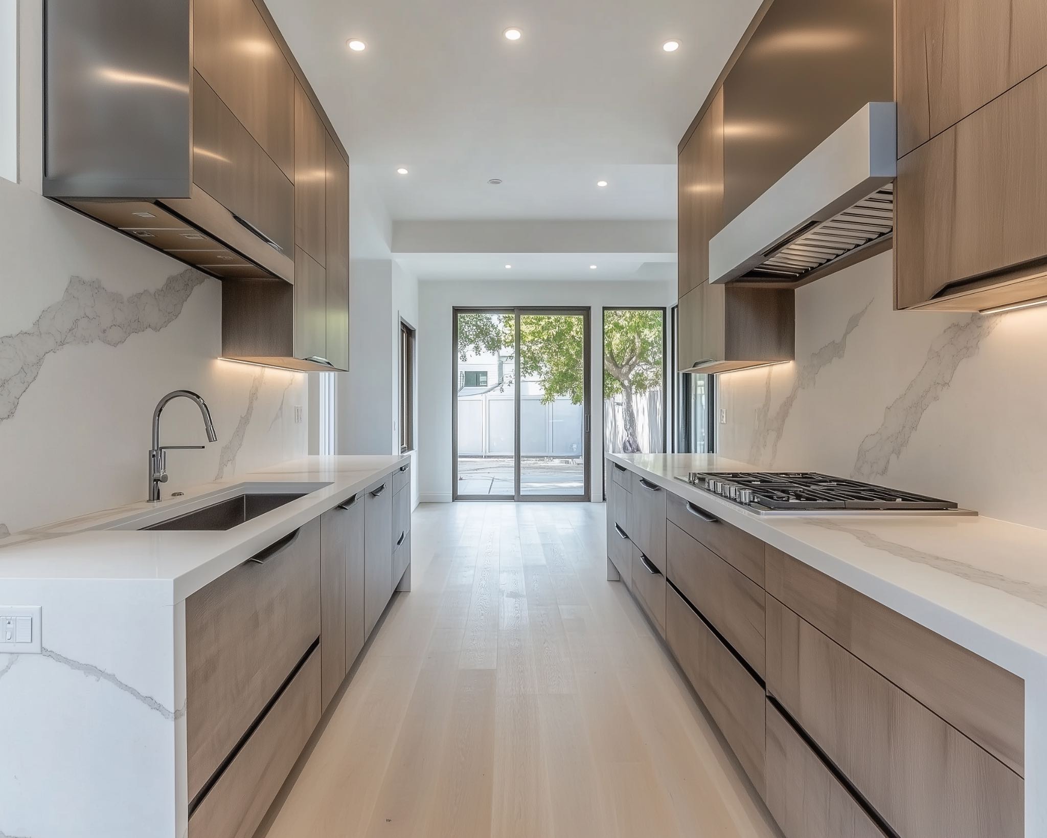 Clean kitchen with wooden flooring