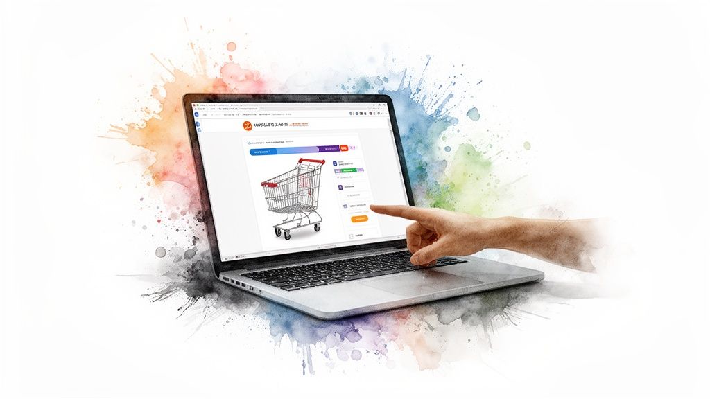 A hand pointing at a laptop screen showing an online shopping cart, set against colorful watercolor splashes.