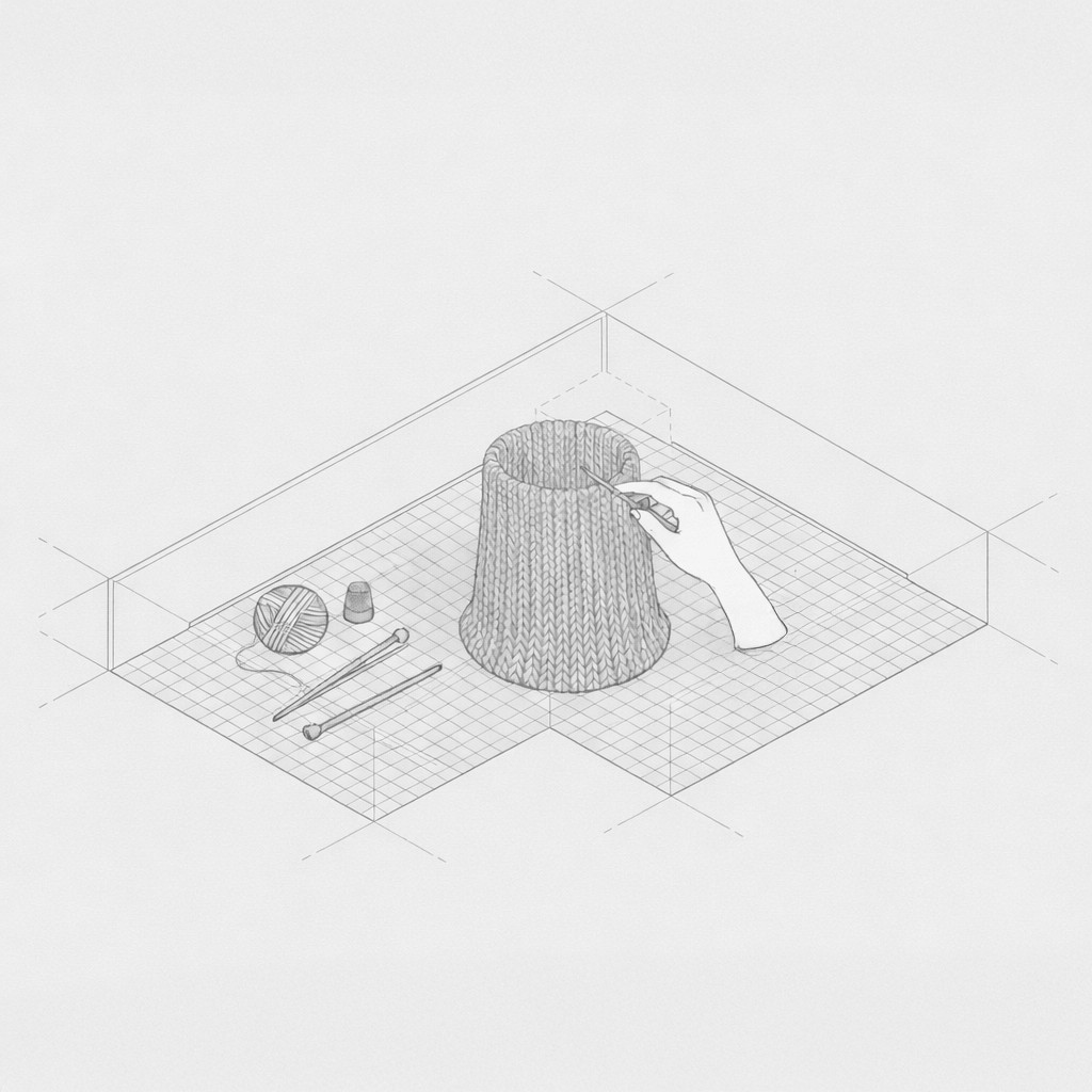 An isometric illustration of a hand knitting a textured, ribbed cover for the lampshade, with a ball of yarn, knitting needles, and a thimble placed nearby on the gridded surface.