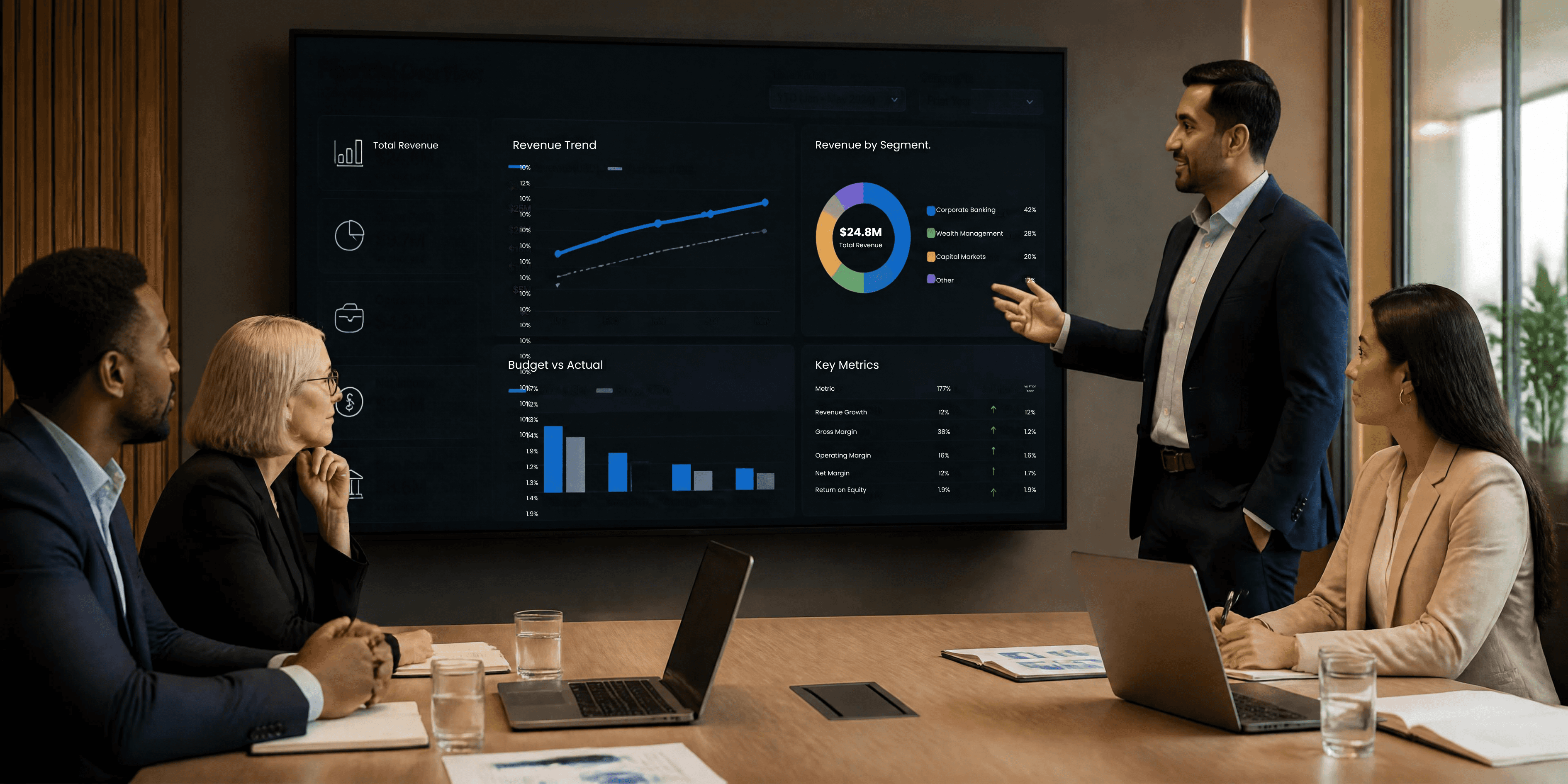 Finance team reviewing a performance dashboard