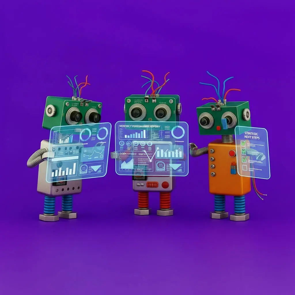 Robots de Growth Larriera analizando gráficos diversos.