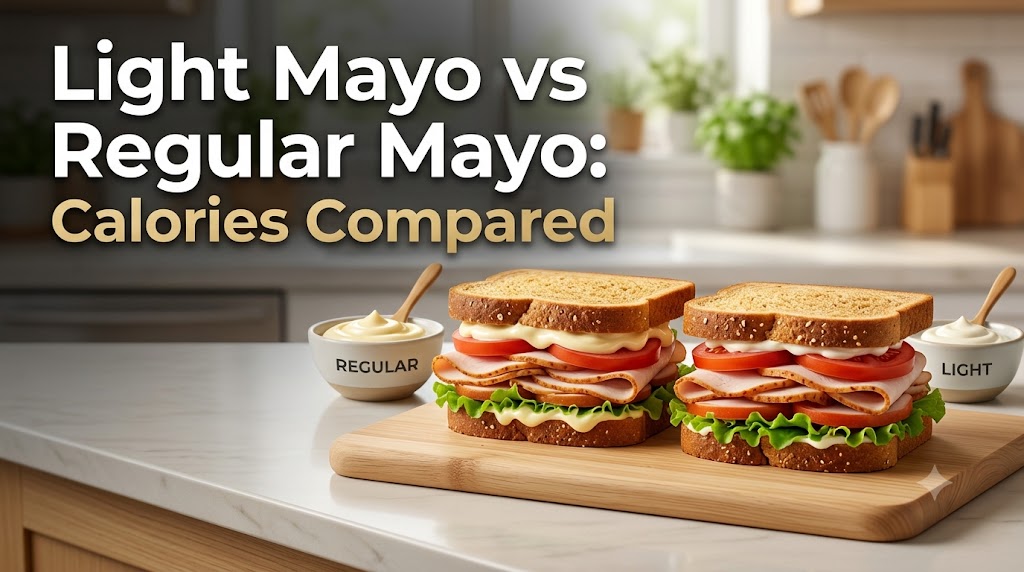 Comparison of two turkey sandwiches showing visible layers of light mayo versus regular mayo on a kitchen counter, with labeled bowls and the article headline "Light Mayo vs Regular Mayo: Calories Compared".