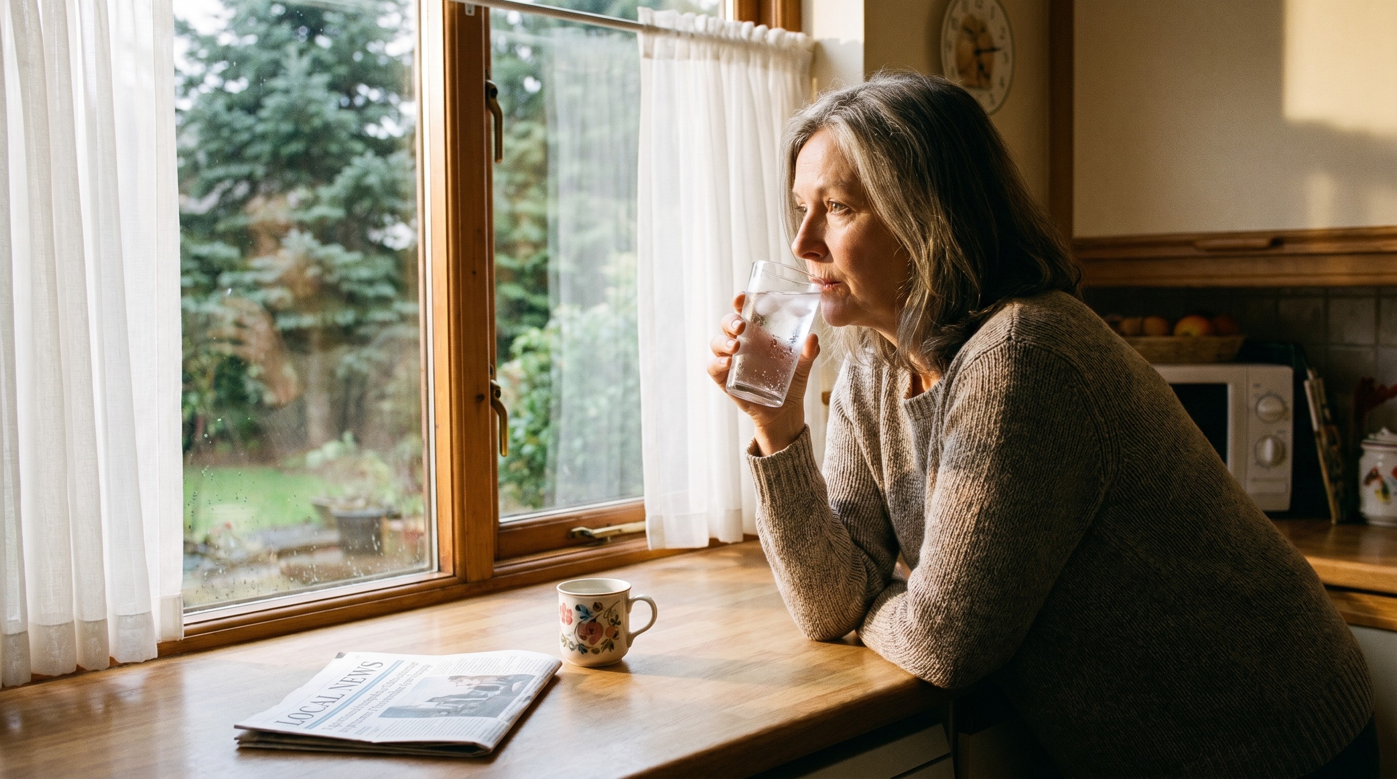 Older woman pausing thoughtfully with a glass of ice water at a sunlit kitchen window in a Pacific Northwest home