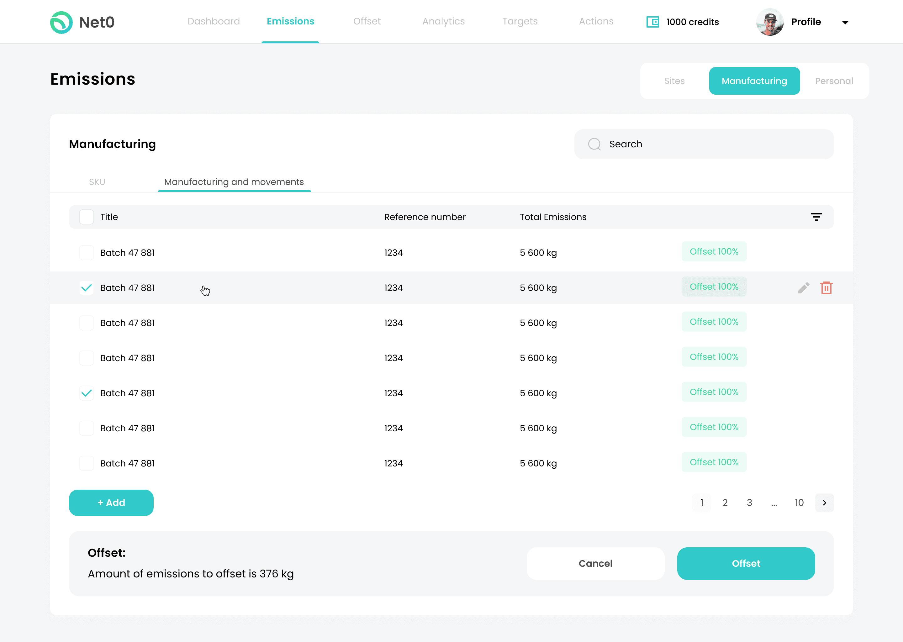 Net0 software platform Manufacturing Emissions tracking chart