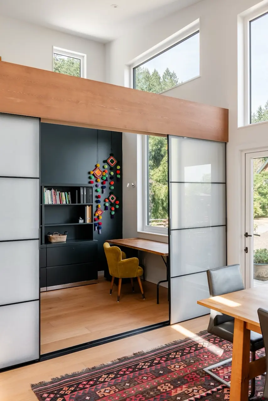 Modern two-story home with large glass windows, warmly lit interiors, and a balcony. Surrounded by trees and a manicured lawn at dusk. Cozy ambiance.