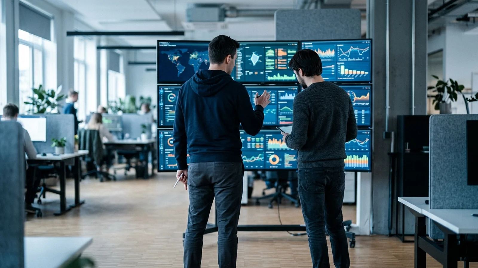 Ingeniører i et outsourcet IT-team overvåker dashbord