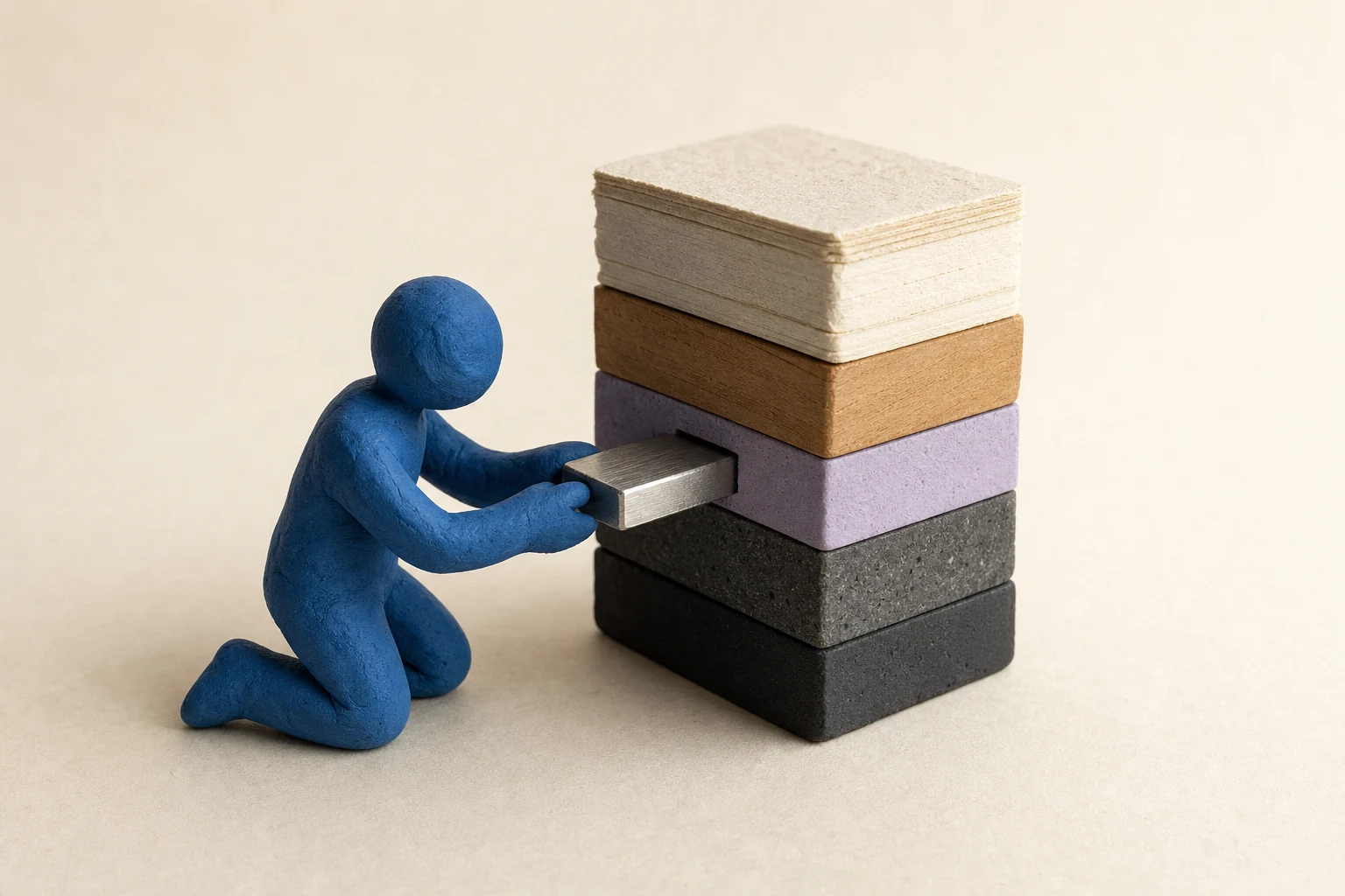 A blue clay figure inserts a metal connector into a five-layer material tower.