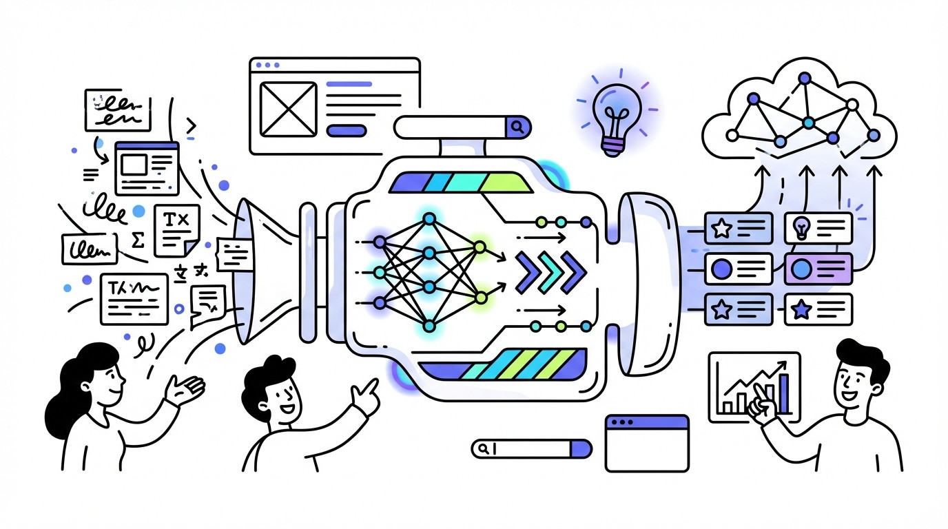 A digital illustration showing a futuristic engine transforming raw, unstructured data into perfectly organized and optimized content. Unorganized data flows into the left, intricate glowing processes occur within the central engine, and polished, structured content emerges on the right, flowing upwards.