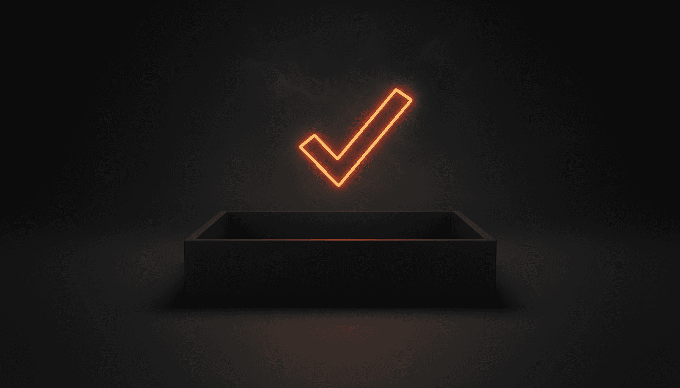 Animated orange neon check mark above a box, symbolising approval, success or completion.