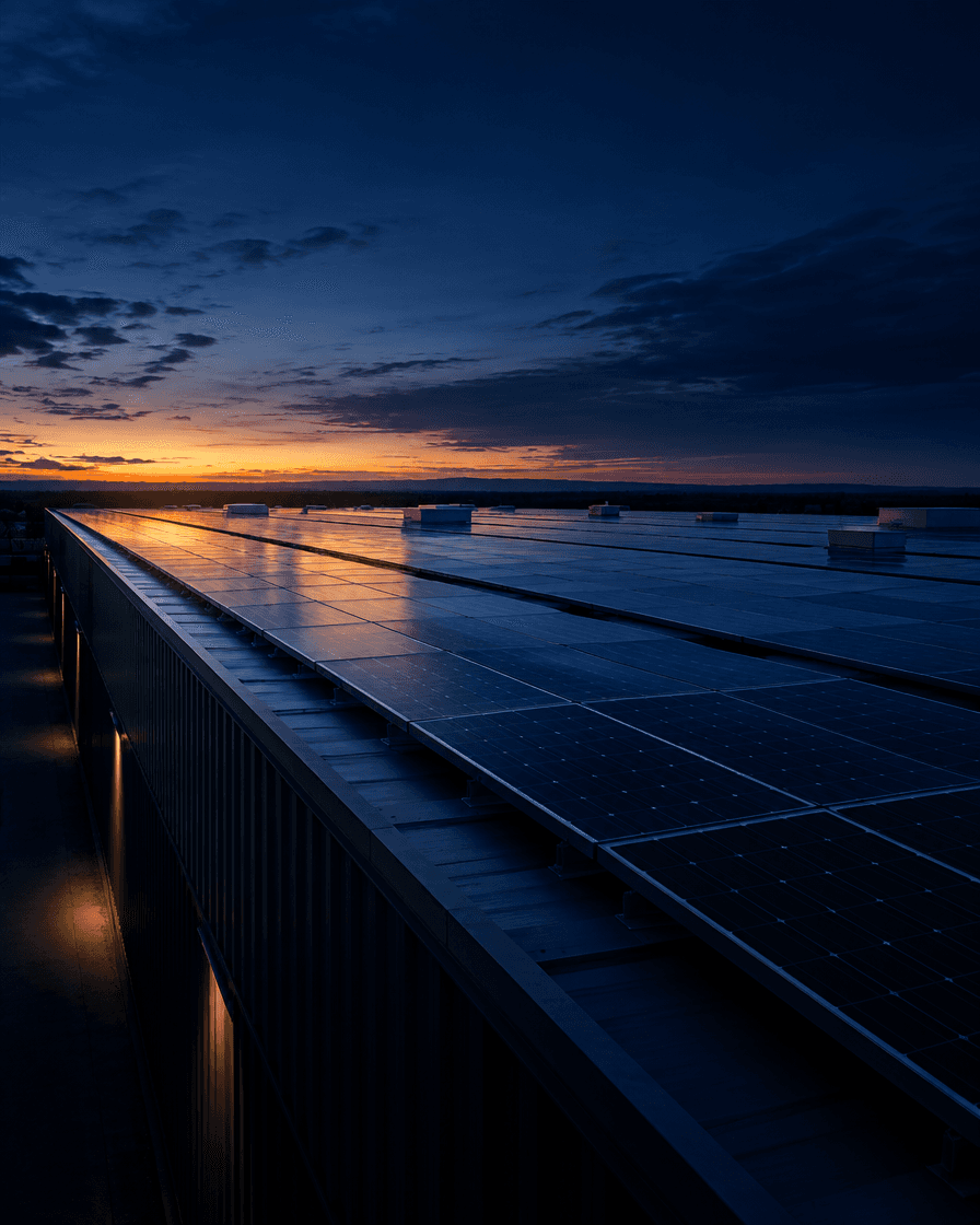 Commercial rooftop solar array at dusk