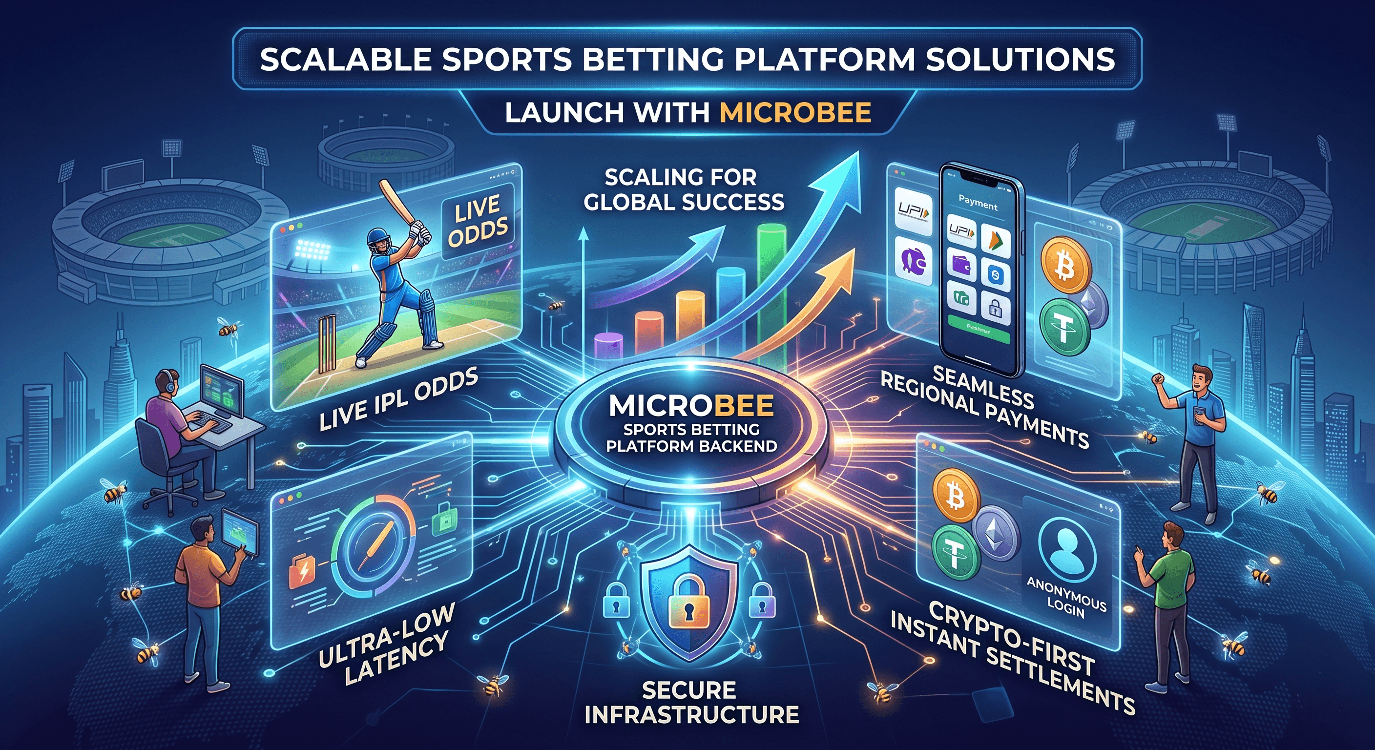 Modular API-first sports betting platform blueprint showing interconnected microservices for risk management, payments, and omni-channel bet processing