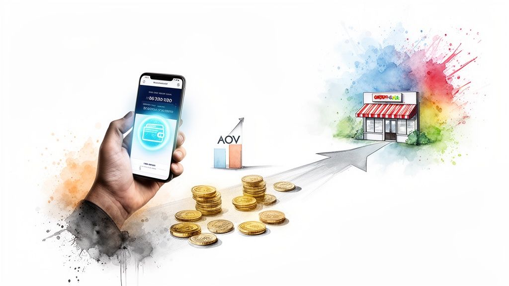 Hand holding a smartphone with a digital wallet, gold coins, AOV chart, and a small shop.