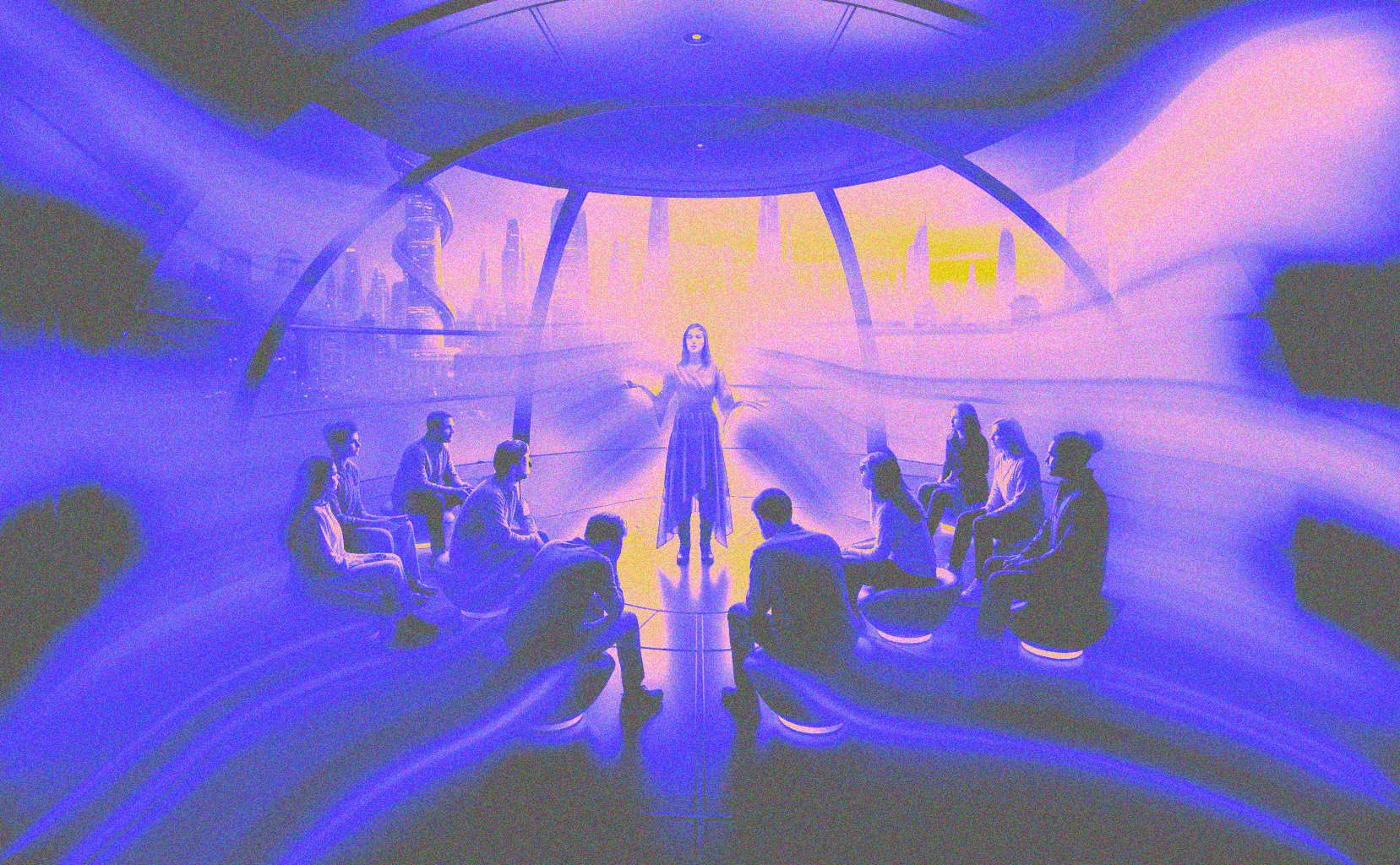 a person tells a story to a bunch of people listening to them, horizontal image, cinematic sot, minimalistic, futuristic set up, high contrast, diverse, some people seem bored, the image has to work on a small scale too