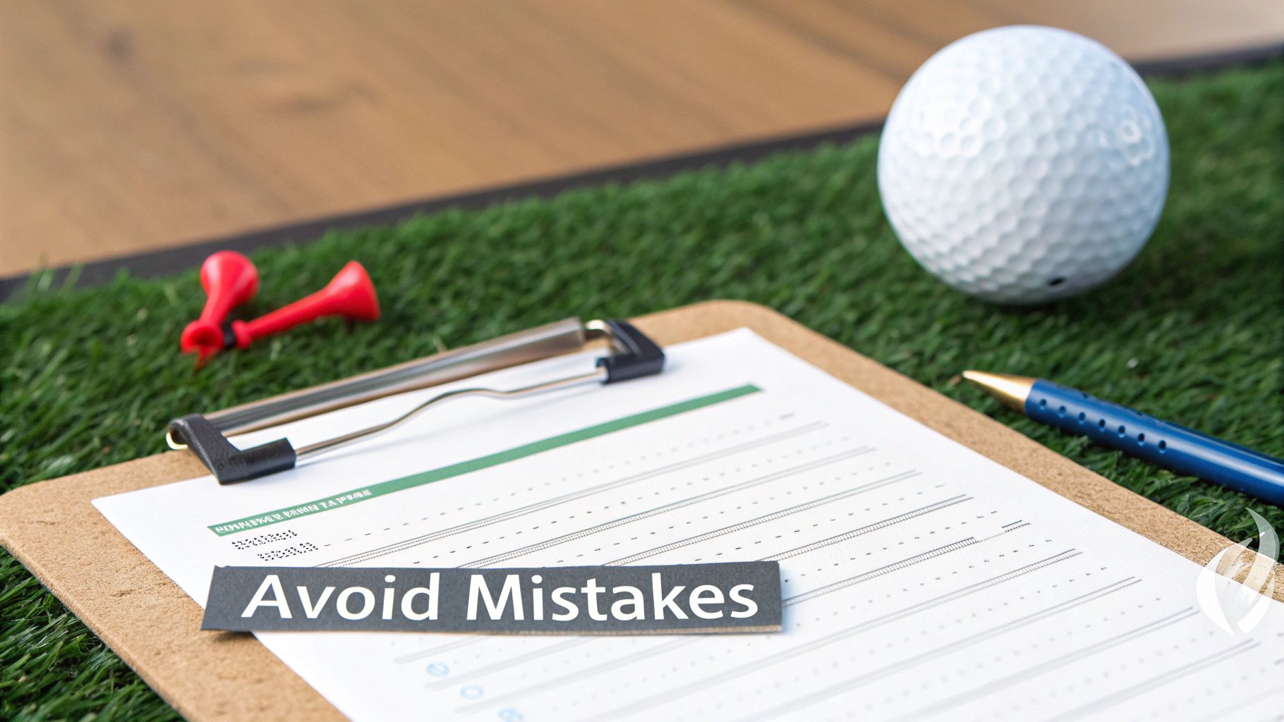 A golf ball, red tees, score card, and pen on a clipboard, with 'Avoid Mistakes' text.