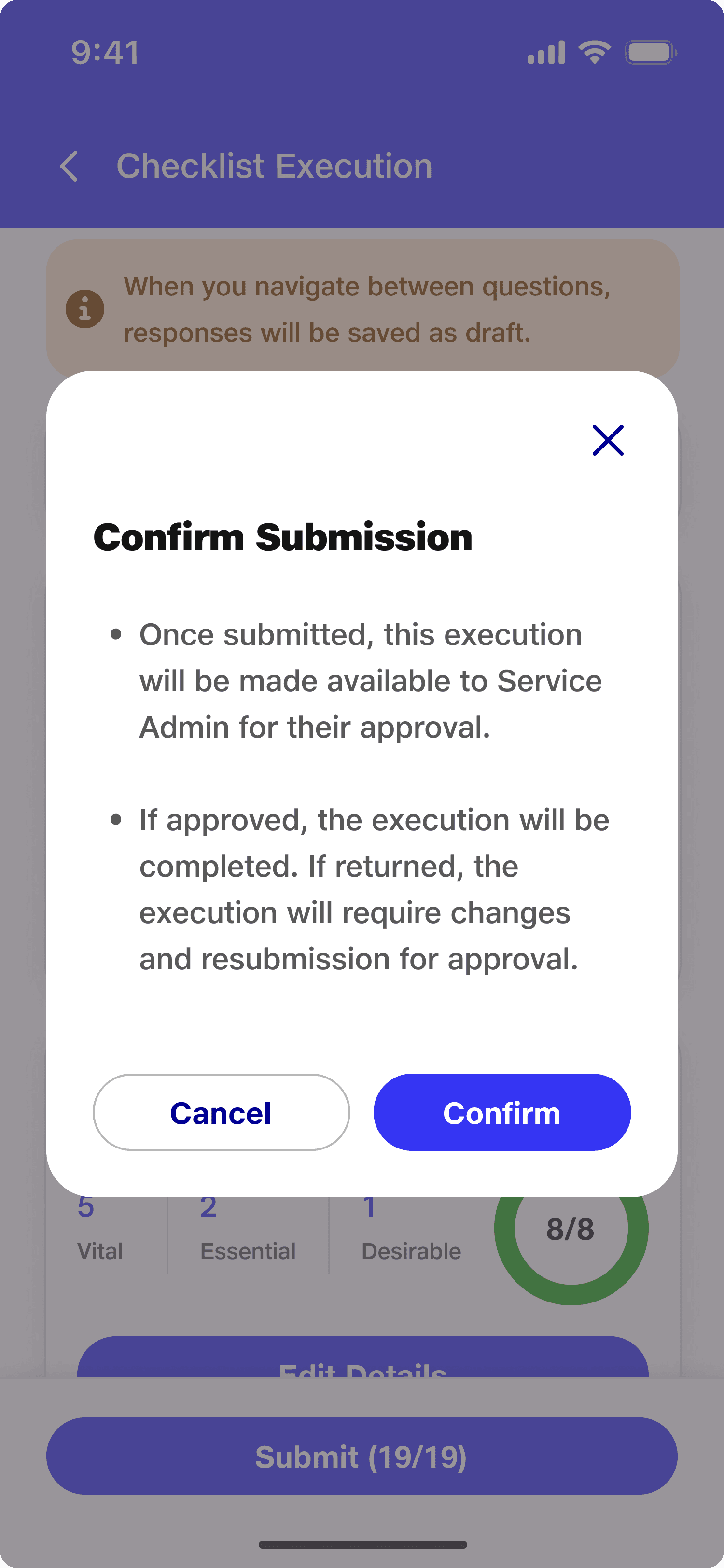 Checklist Execution (Submission Confirmation Modal)