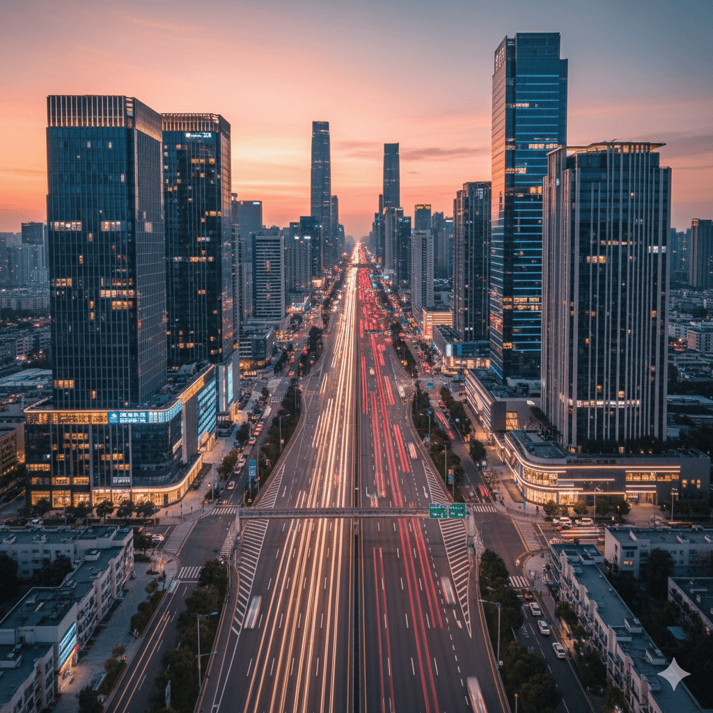 Time-lapse of traffic on Noida Expressway next to modern residential towers