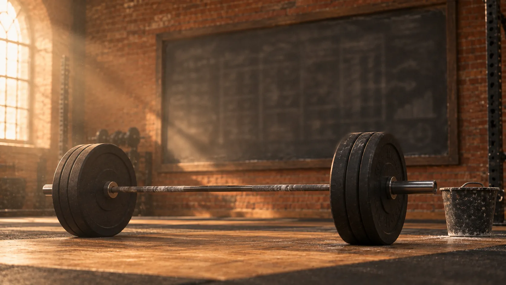 A loaded barbell in front of the training plan chalkboard