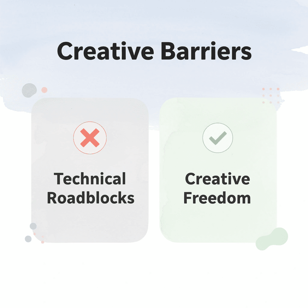 Before and after comparison showing transformation from technical roadblocks to creative freedom - 