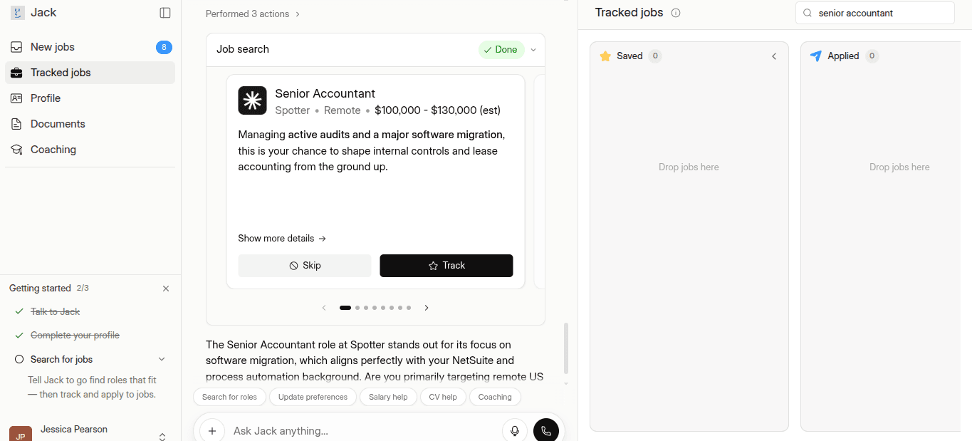 Jack and Jill showing a Senior Accountant job match with tracking board for saved and applied jobs