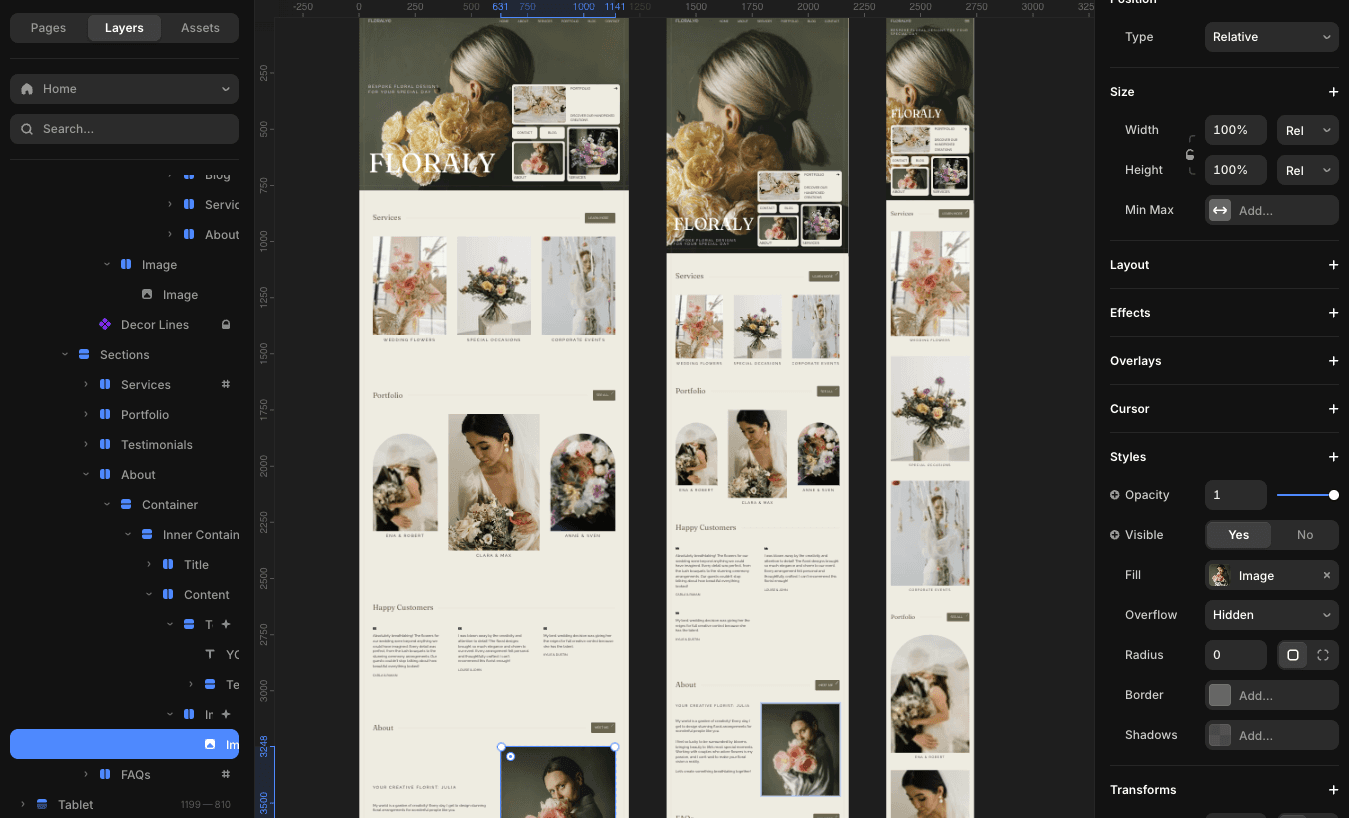 Framer UI showing desktop and mobile layouts for FLORALY, an elegant website with soft tones and floral imagery.
