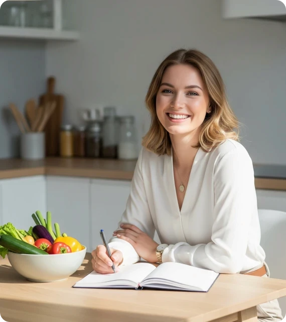 A smiling woman sits at a kitchen table, writing in a notebook with a bowl of fruit nearby.