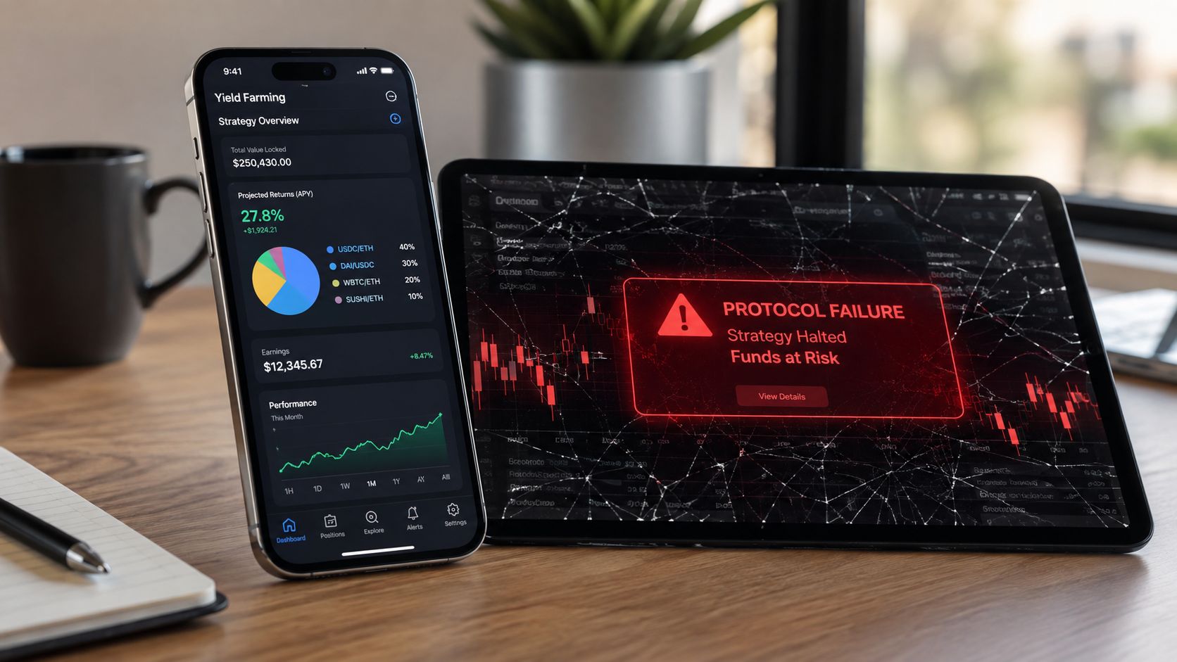 A smartphone showing investment portfolio metrics next to a tablet displaying a critical protocol failure warning message.