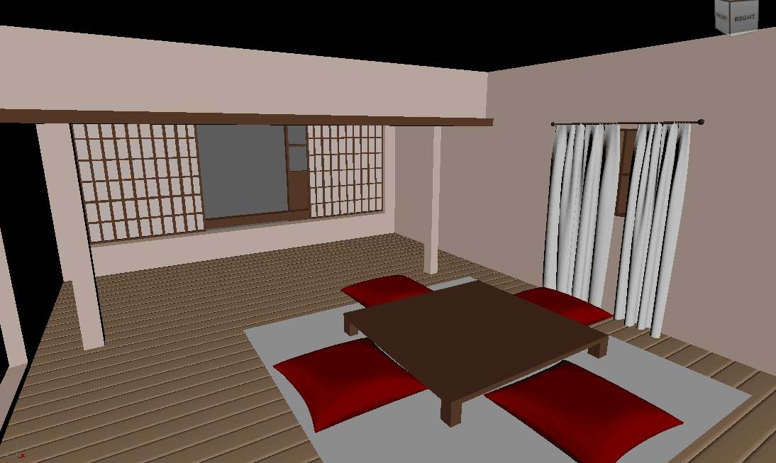Viewport view of the furnished interior during modeling
