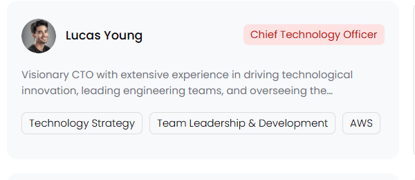 Employee card: Lucas Young, Chief Technology Officer role tag, bio and skill chips
