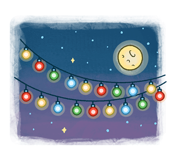 An illustration of some string lights against a starry sky with a moon