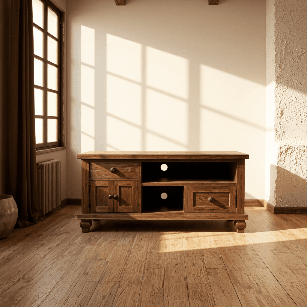 product photography of a wooden TV stand with drawers and open shelves