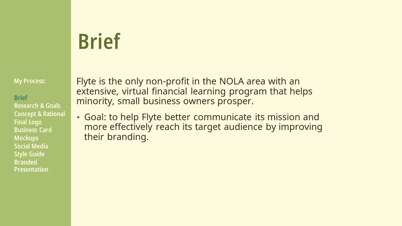 Brief: Flyte is the only non-profit in the NOLA area with an extensive, virtual financial learning program that helps minority, small business owners prosper. Goal: to help Flyte better communicate its mission and more effectively reach its target audience by improving their branding.