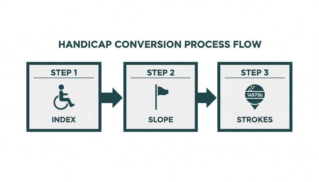 Flowchart illustrating the golf handicap conversion process: Index, Slope, and Strokes.