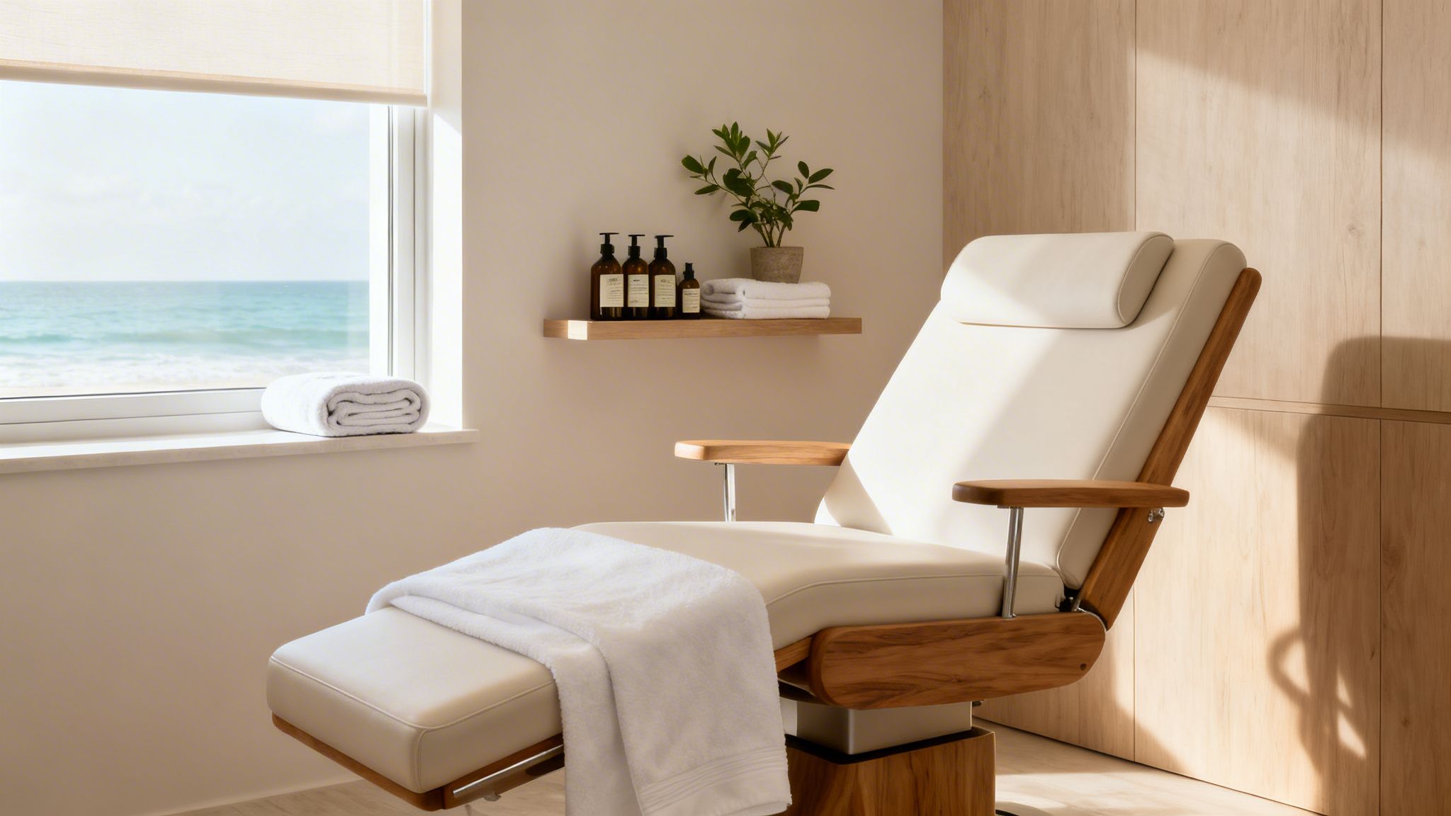 A serene spa room with a modern massage chair, ocean view window, and natural wooden accents.