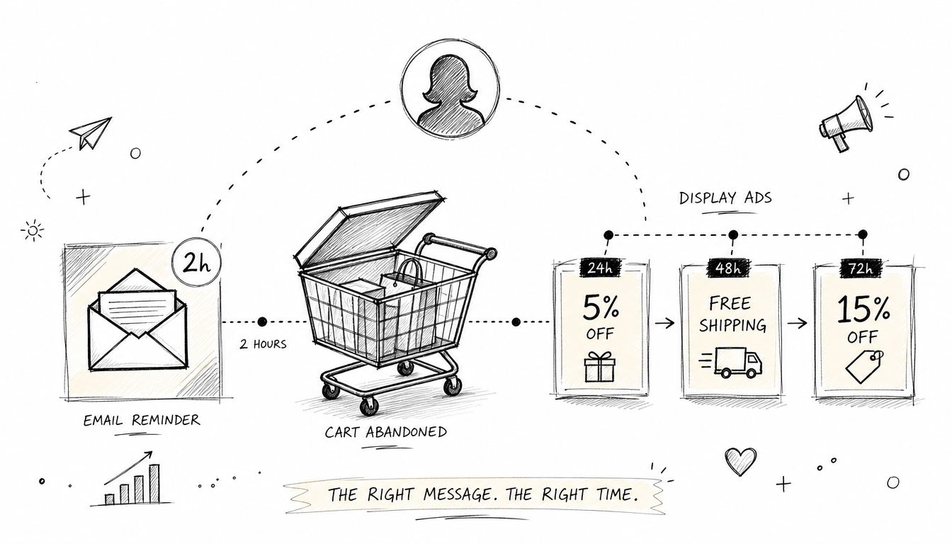 A hand-drawn illustration showing a customer retargeting marketing funnel strategy for abandoned shopping carts.