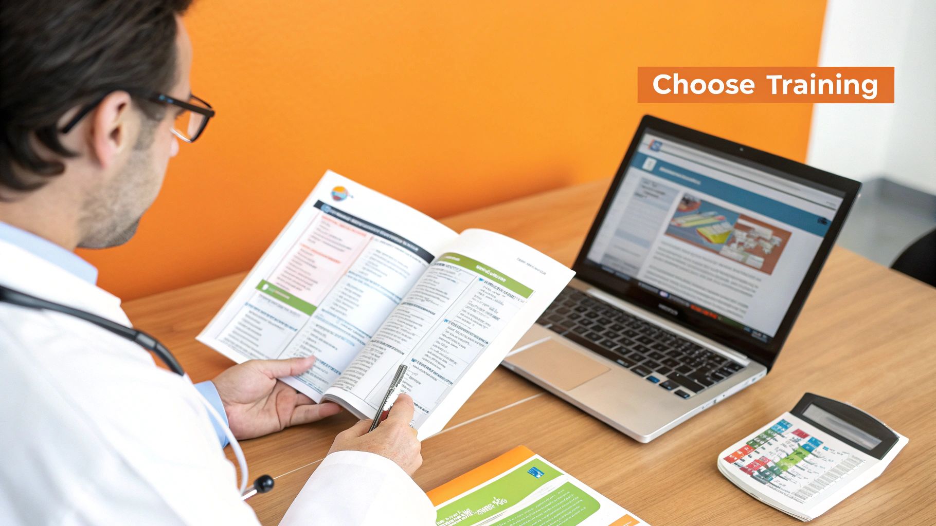 A doctor in a lab coat studies a printed manual and an online training course on a laptop.