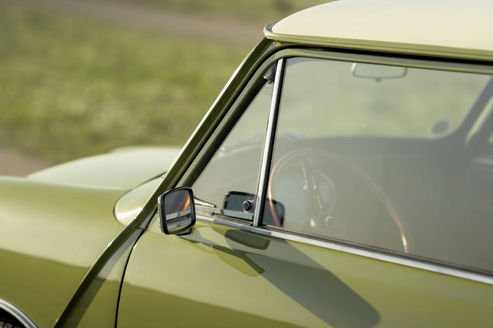 Close-up of a green car's side mirror and window, showing a blurred landscape in the background.