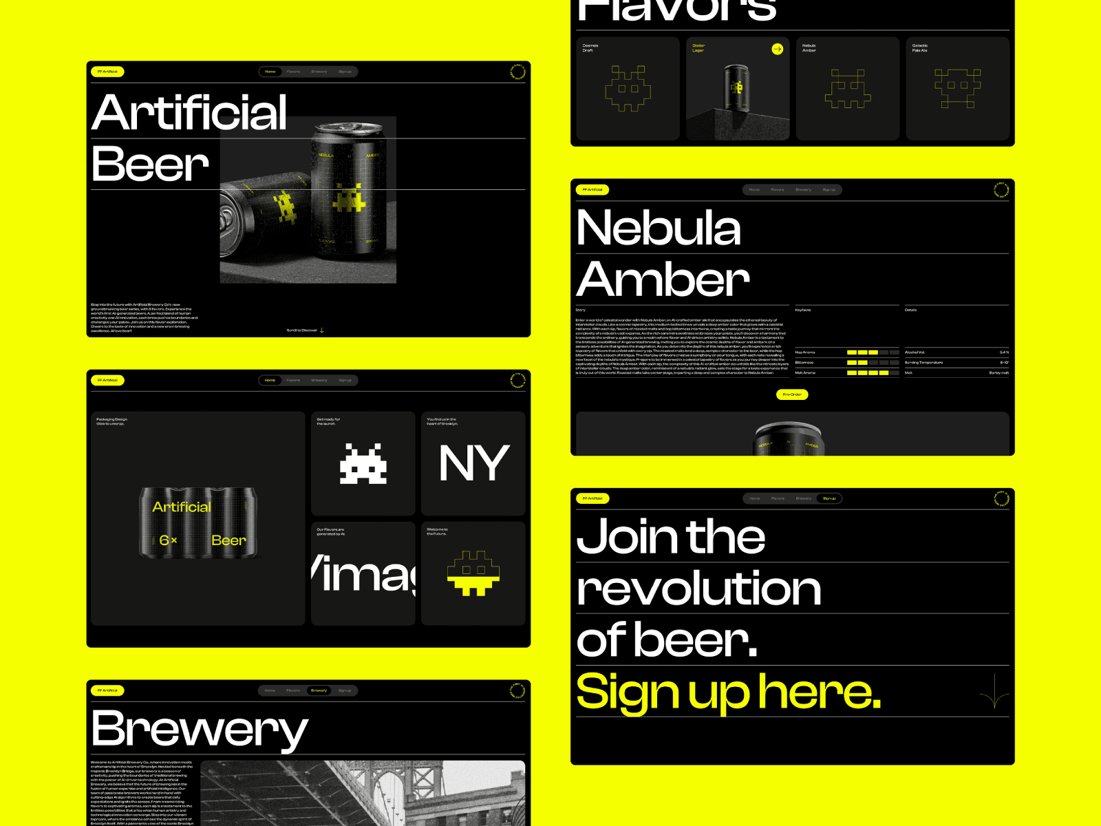 FF Artificial Framer template featuring a bold black and neon yellow website for an artificial beer brand