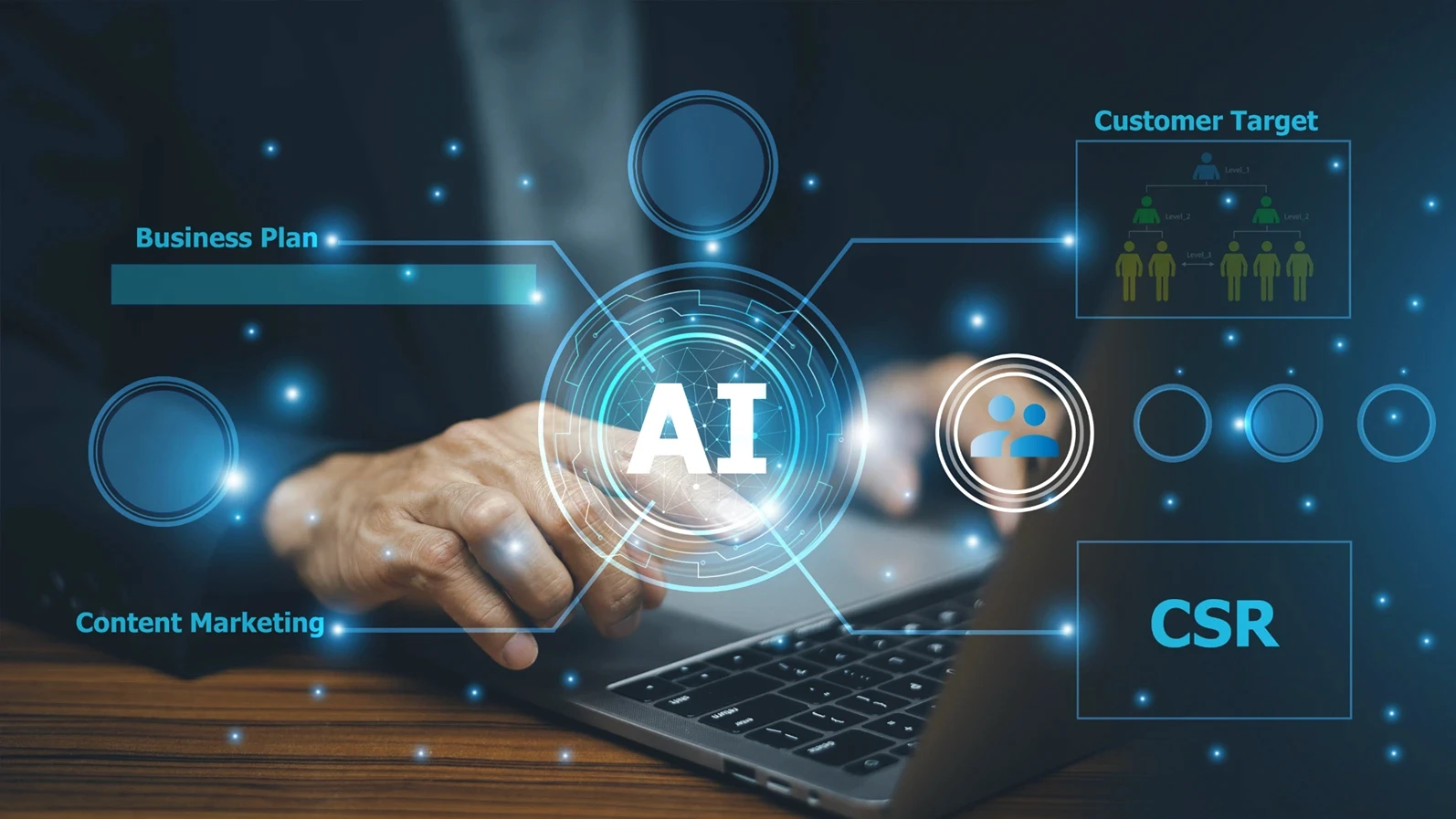 Businesspeople using artificial intelligence to analyze the behavior target consumers in order to improve business to provide better customer service. AI assistant CSR Corporate Social Responsibility.